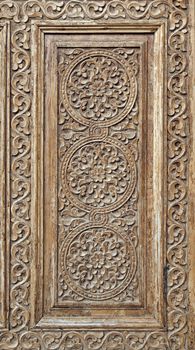 Close-up of a traditional carved wooden door, Uzbekistan