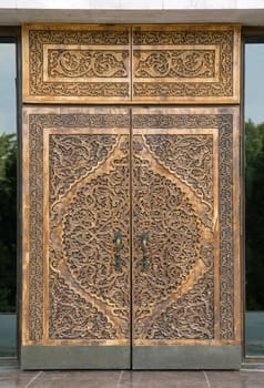 Close-up of a traditional carved wooden door, Uzbekistan