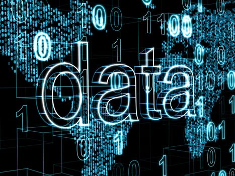 Information technology concept: word Data on digital world map background with binary code, 3d render