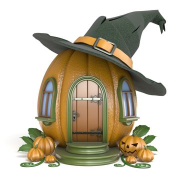 Halloween pumpkin house with witch hat 3D render illustration isolated on white background