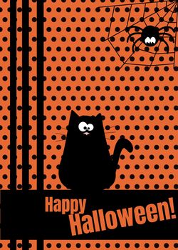 Happy Halloween greeting card with hanging on dash line web spider insect and black funny cat. Cute cartoon character. Flat design Orange polka dot background.