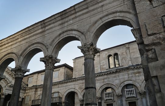 Colonnade of St. Dujma Cathedral in the city of Split, Croatia