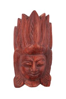 Wooden carved original Sri Lankan or Indian ethnic brown mask with human face, head of red wood isolated on white background