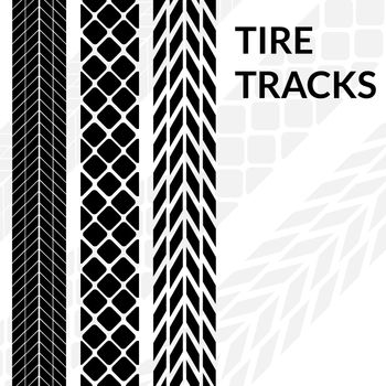 Tire tracks wheel car different black dark trail. Print silhouette.