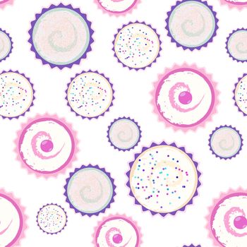 Sweet seamless cape cakes pattern with 3 different cakes on white background.