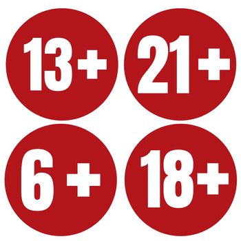Limit age icon on red background. Icons age limit from six to twenty-one, flat illustration.