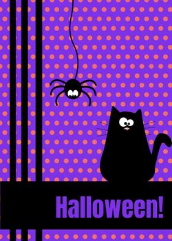 Happy Halloween greeting card with hanging on dash line web spider insect and black funny cat. Cute cartoon character. Flat design Violet purple polka dot background.