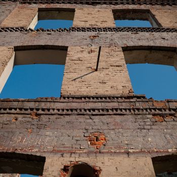discarded ruin with old windows and wall, industrial window in concrete wall