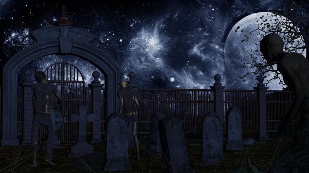 Zombies in spooky cemetery in blue night - 3d rendering