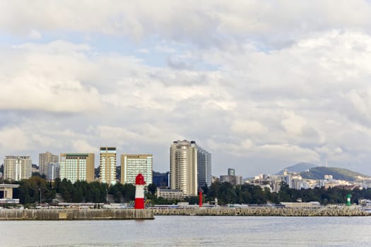 Panorama to embankment Russian resort town Sochi from sea