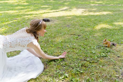 Bride in white lying on green grass next to the squirrel in summer