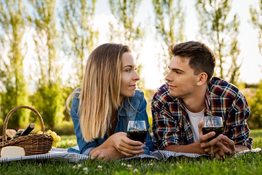 Shot of a beautiful couple on the park having fun together while making a picnic