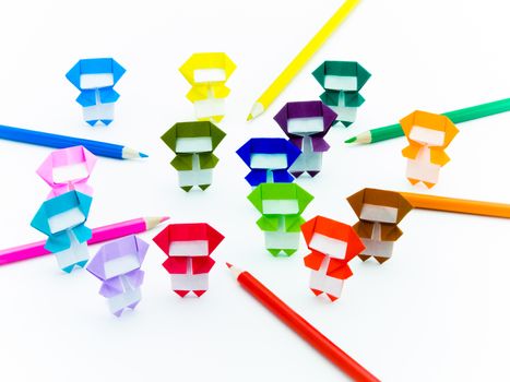 Colorful origami ninjas are cute and playing together.