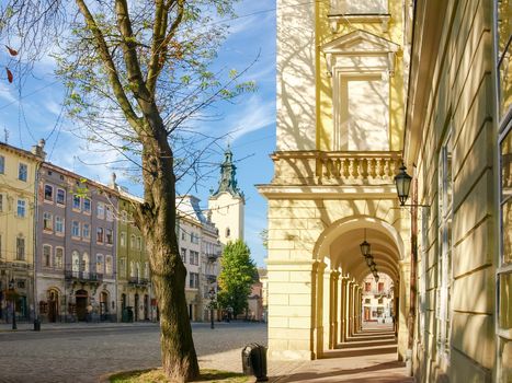 Part of a main facade of the town hall and south side of Rynok Square of the city Lviv, Ukraine
