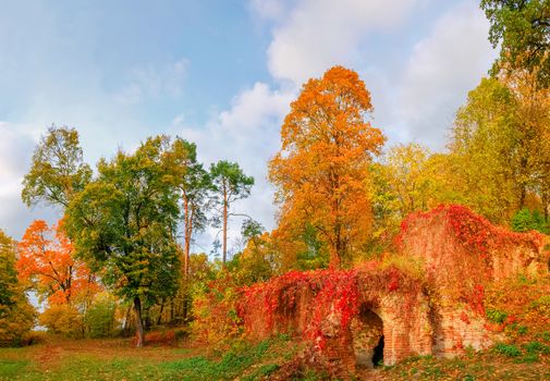 Fragment of the autumn landscape park with decorative ruins made of red bricks and covered with ivy with red leaves in foreground
