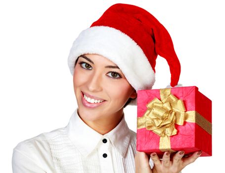 Festive pretty woman holding the christmas gift on white background, isolated