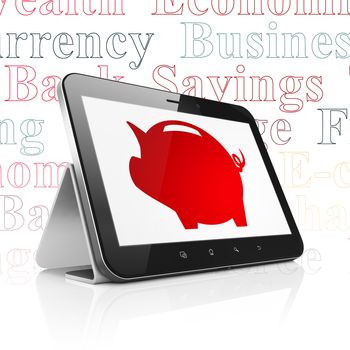 Banking concept: Tablet Computer with  red Money Box icon on display,  Tag Cloud background, 3D rendering