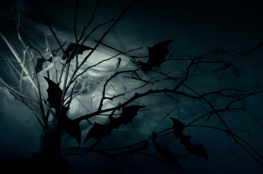 Decor of the silhouettes of bats on branches in a web in the night haze.