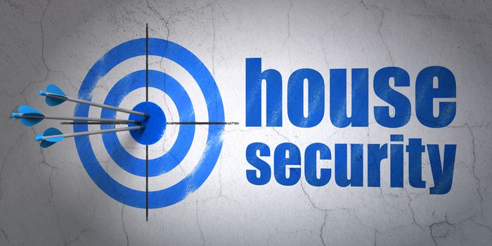 Success protection concept: arrows hitting the center of target, Blue House Security on wall background, 3D rendering