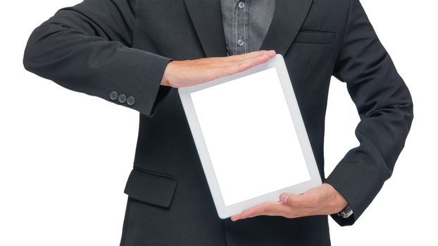 Businessman holding tablet in black suit on white background