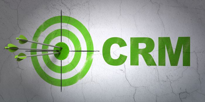 Success business concept: arrows hitting the center of target, Green CRM on wall background, 3D rendering