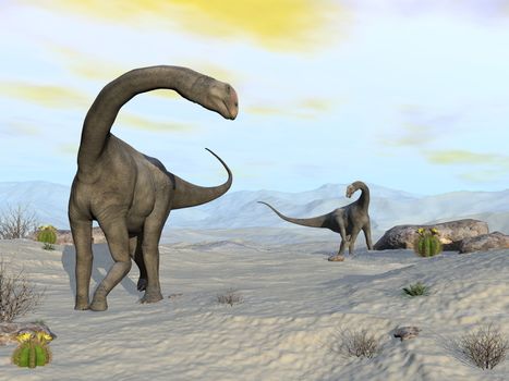 Two brontomerus dinosaurs walking in the desert - 3D render
