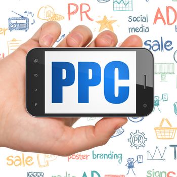 Advertising concept: Hand Holding Smartphone with  blue text PPC on display,  Hand Drawn Marketing Icons background, 3D rendering