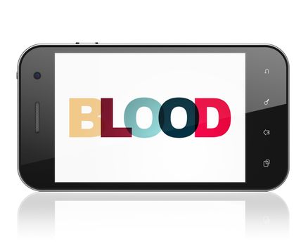 Medicine concept: Smartphone with Painted multicolor text Blood on display, 3D rendering