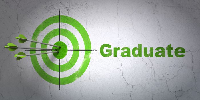Success Studying concept: arrows hitting the center of target, Green Graduate on wall background, 3D rendering