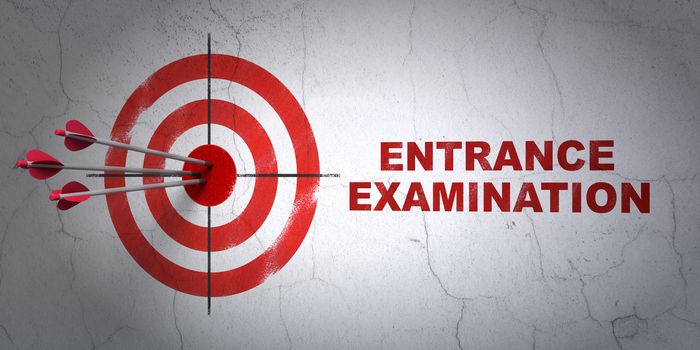 Success Learning concept: arrows hitting the center of target, Red Entrance Examination on wall background, 3D rendering