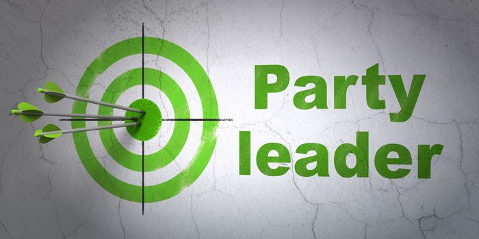 Success politics concept: arrows hitting the center of target, Green Party Leader on wall background, 3D rendering