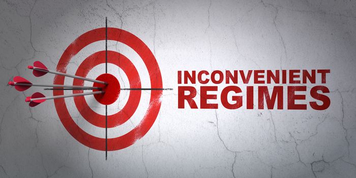 Success politics concept: arrows hitting the center of target, Red Inconvenient Regimes on wall background, 3D rendering