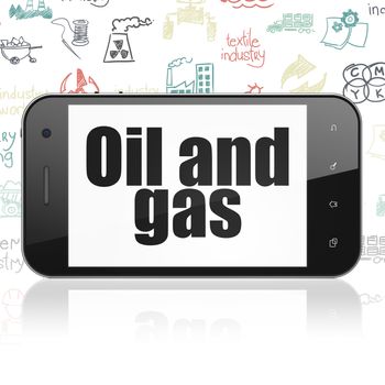 Industry concept: Smartphone with  black text Oil and Gas on display,  Hand Drawn Industry Icons background, 3D rendering