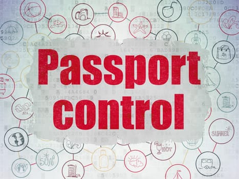 Travel concept: Painted red text Passport Control on Digital Data Paper background with  Scheme Of Hand Drawn Vacation Icons