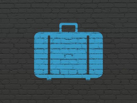 Travel concept: Painted blue Bag icon on Black Brick wall background