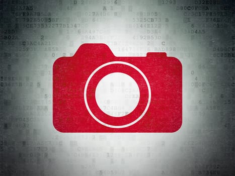 Vacation concept: Painted red Photo Camera icon on Digital Data Paper background