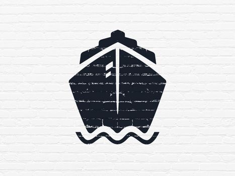 Travel concept: Painted black Ship icon on White Brick wall background