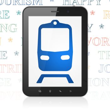 Vacation concept: Tablet Computer with  blue Train icon on display,  Tag Cloud background, 3D rendering