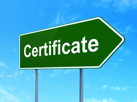 Law concept: Certificate on green road highway sign, clear blue sky background, 3D rendering