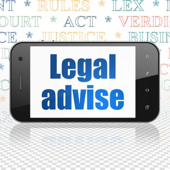 Law concept: Smartphone with  blue text Legal Advise on display,  Tag Cloud background, 3D rendering