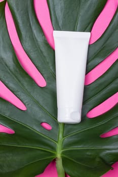 Cosmetic bottle containers with green herbal leaves on the pink background