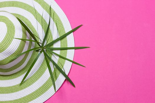 Beach hat and coconut leaves on pink background