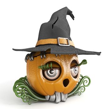 Halloween pumpkin Jack O Lantern lady with witch hat 3D render illustration isolated on white background