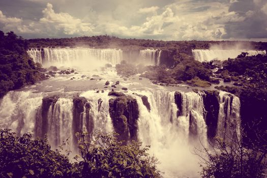 iguazu falls national park. tropical waterfalls and rainforest landscape. Vintage effect