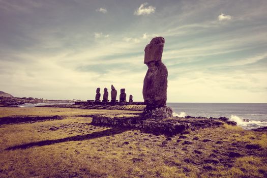 Moais statues, ahu tahai, easter island, Chile