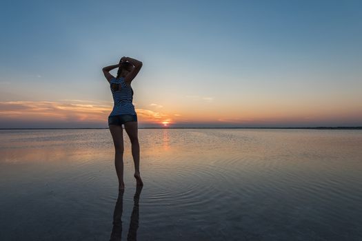 Beauty sunset on salty lake in Altay, Siberia, Russia