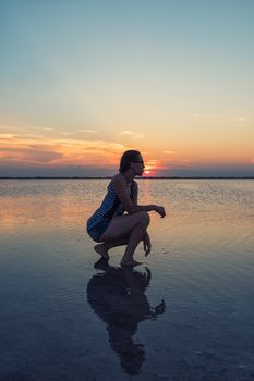 Beauty sunset on salty lake in Altay, Siberia, Russia