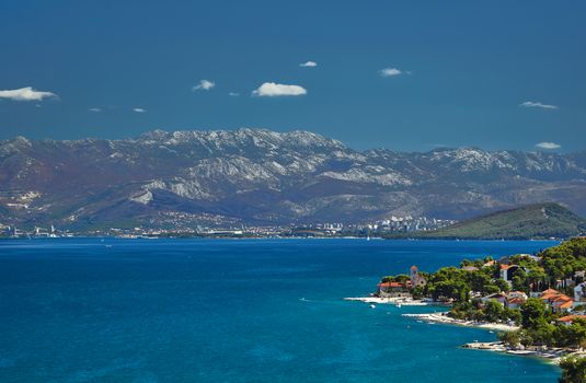 Sea coast, mountains and the city of Split in Croatia
