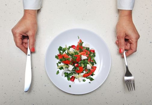 hands with kitchen flatware and fresh vegetables sliced in white plate