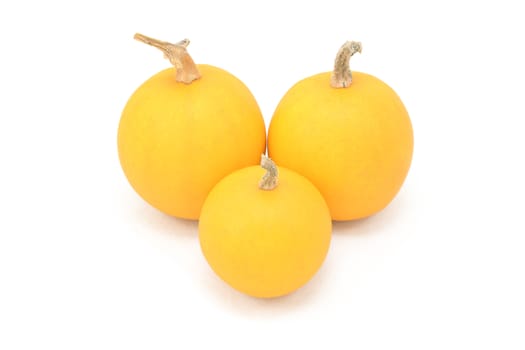 Three smooth-skinned orange ornamental gourds, isolated on a white background